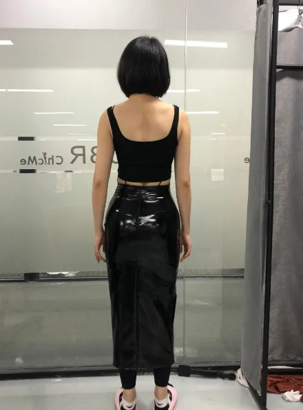 Sabrina Latest Commuting Black Pu Sexy V-Shaped Collar Open Back Sleeveness Sling Long Dresses