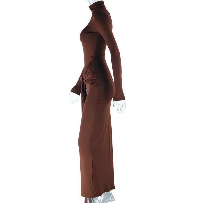 Bezel High Collar Long Sleeve Bandage Ruched Hip Maxi Long Dresses