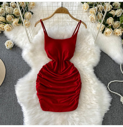 Spaghetti Strap Pleated Temperament Mini Dresses
