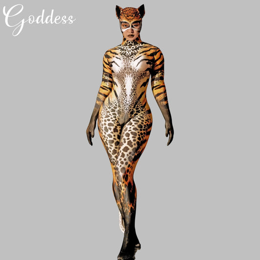 Sexy Leopard Role Playing Jumpsuit Women Elastic Tights Full Cover Bodysuit Halloween Party Animal Cosplay Costumes Stage Wear