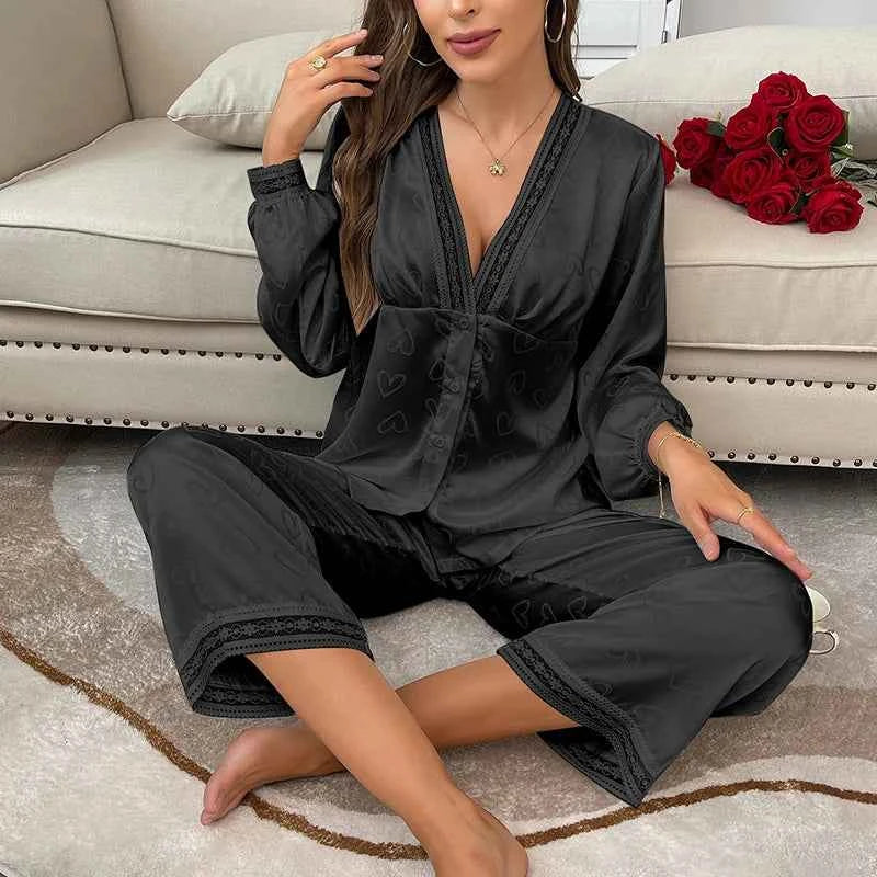 Satin Trousers + V-Neck Comfortable Jacquard Pajama Sets