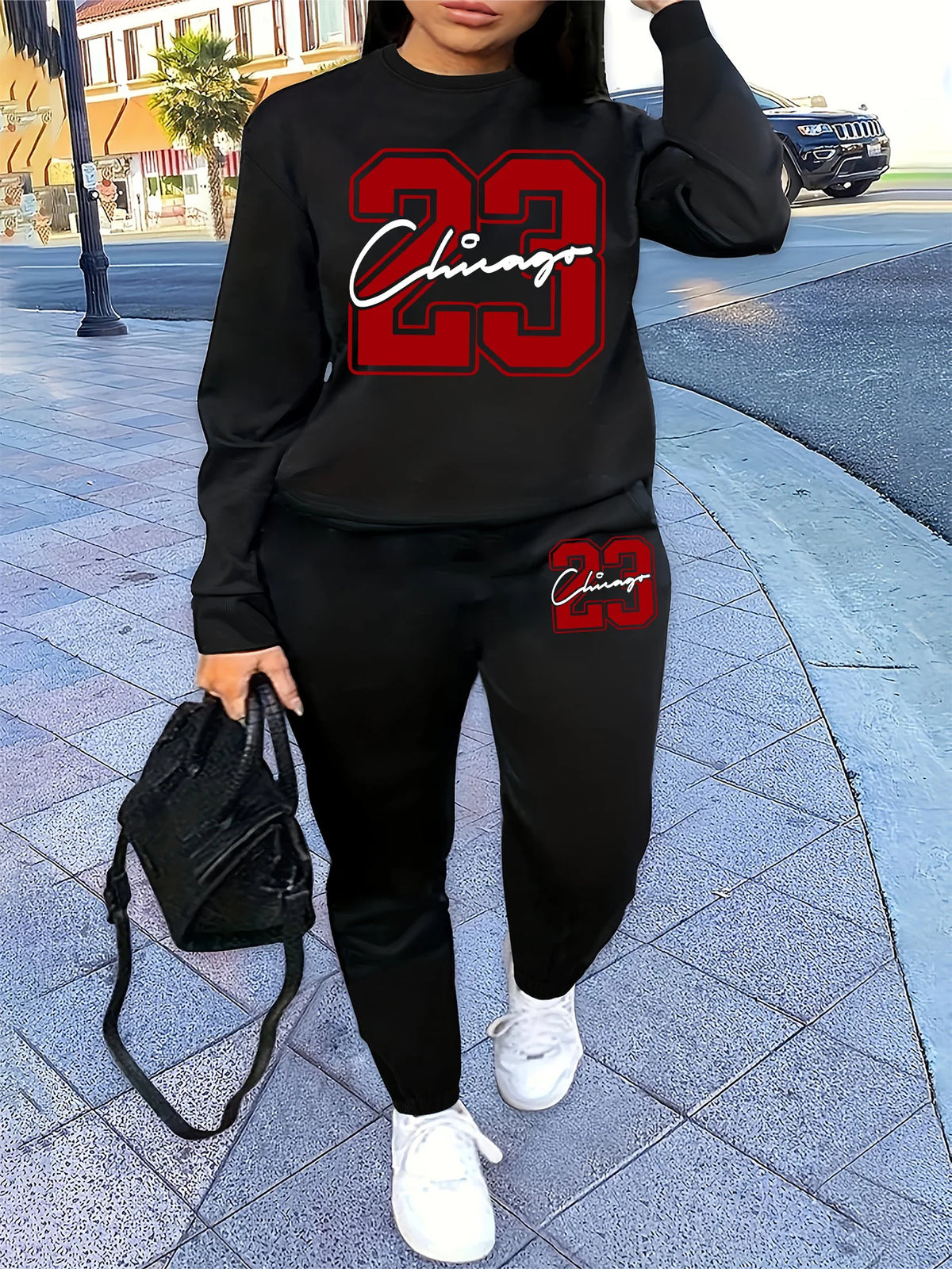 Round-neck pullover + pants set printed design two-piece set fall/winter pullover outfit