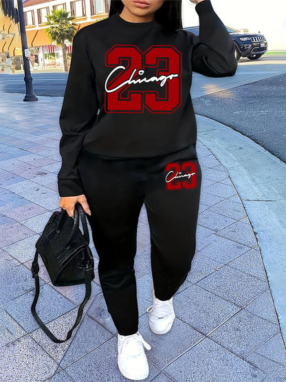 Round-neck pullover + pants set printed design two-piece set fall/winter pullover outfit