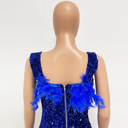 Short Sequins Halter Feathers Spicy Dresses