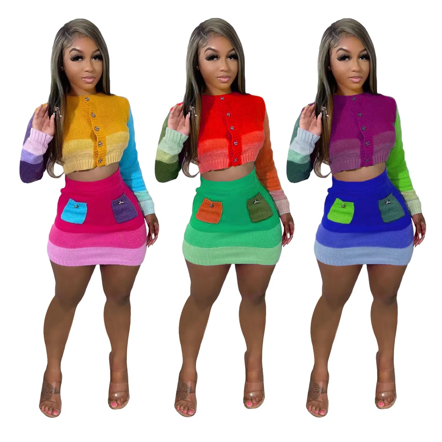 Natalia Button Long Sleeve Crop Top And Skirt Sets