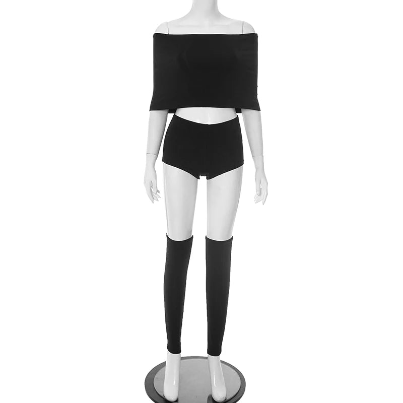 Weird Puss Summer 2 Piece Set Women Simple Trend Slash Neck Mid Sleeve Crop Tops+Shorts+Foot Cover Matching Streetwear Outfits