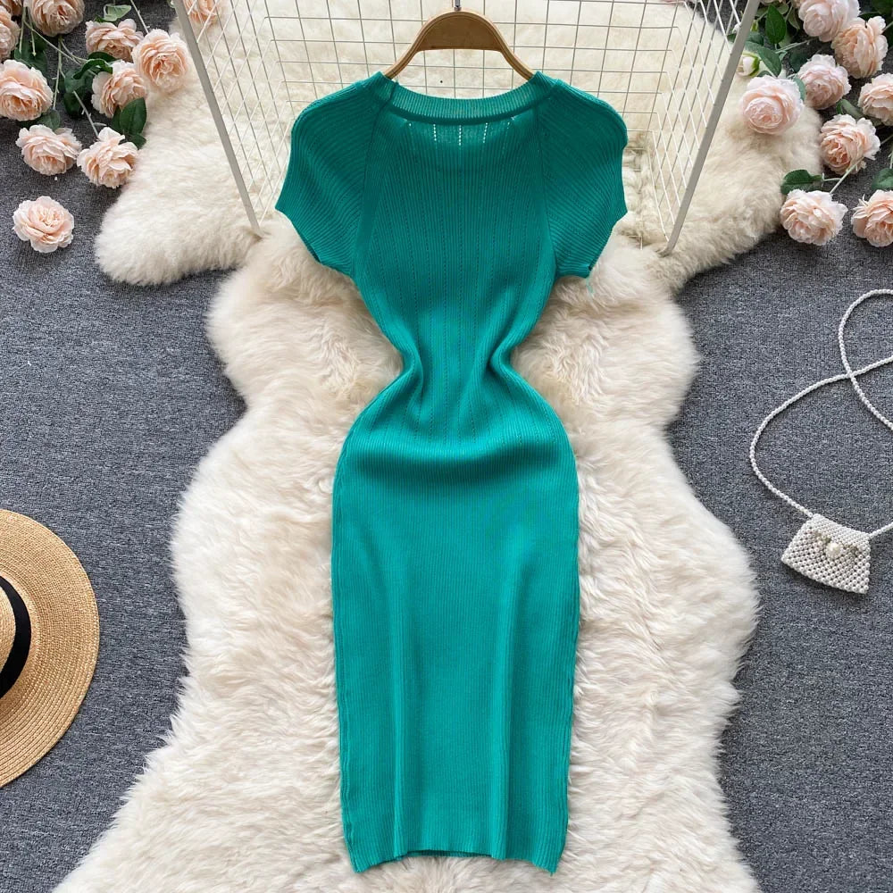 O Neck Short Sleeve Elastic Slim Sheath Dresses