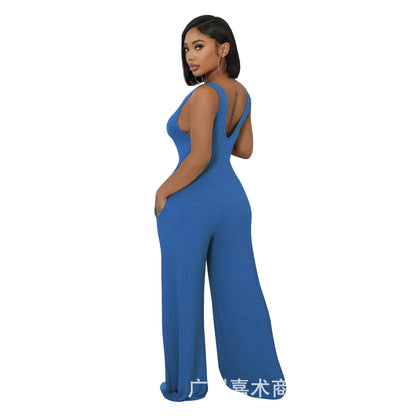 Trendy Solid Color Elastic Wide Leg Jumpsuits (2pcs.)