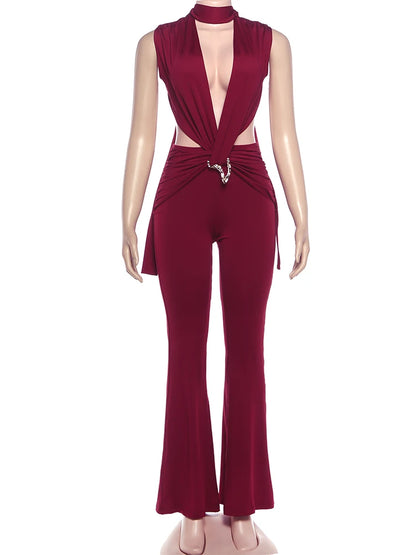 Deep V-Neck Metal Buckle Ruched Cross Bandage Jumpsuits