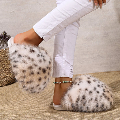 Faux Fur Leopard Pattern Soft Sole Indoor Ladies Shoes
