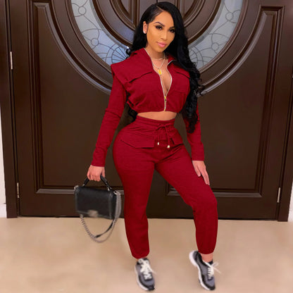 Solid Long Sleeve Two piece Sweatsuit Sets