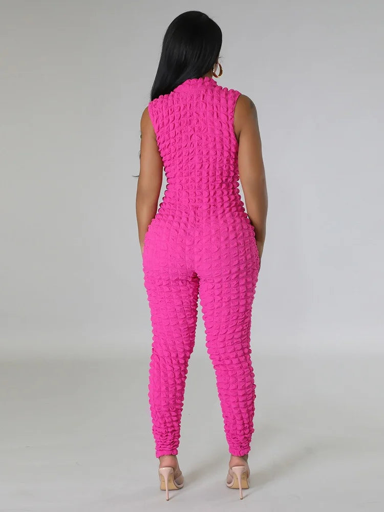 Sleeveless Popcorn Bubble Fabric Front Zipper Jumpsuits
