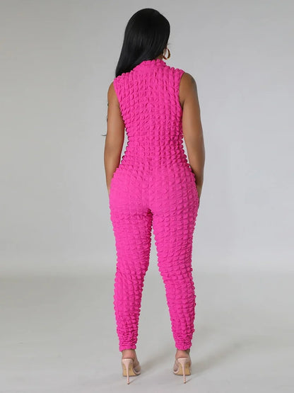 Sleeveless Popcorn Bubble Fabric Front Zipper Jumpsuits