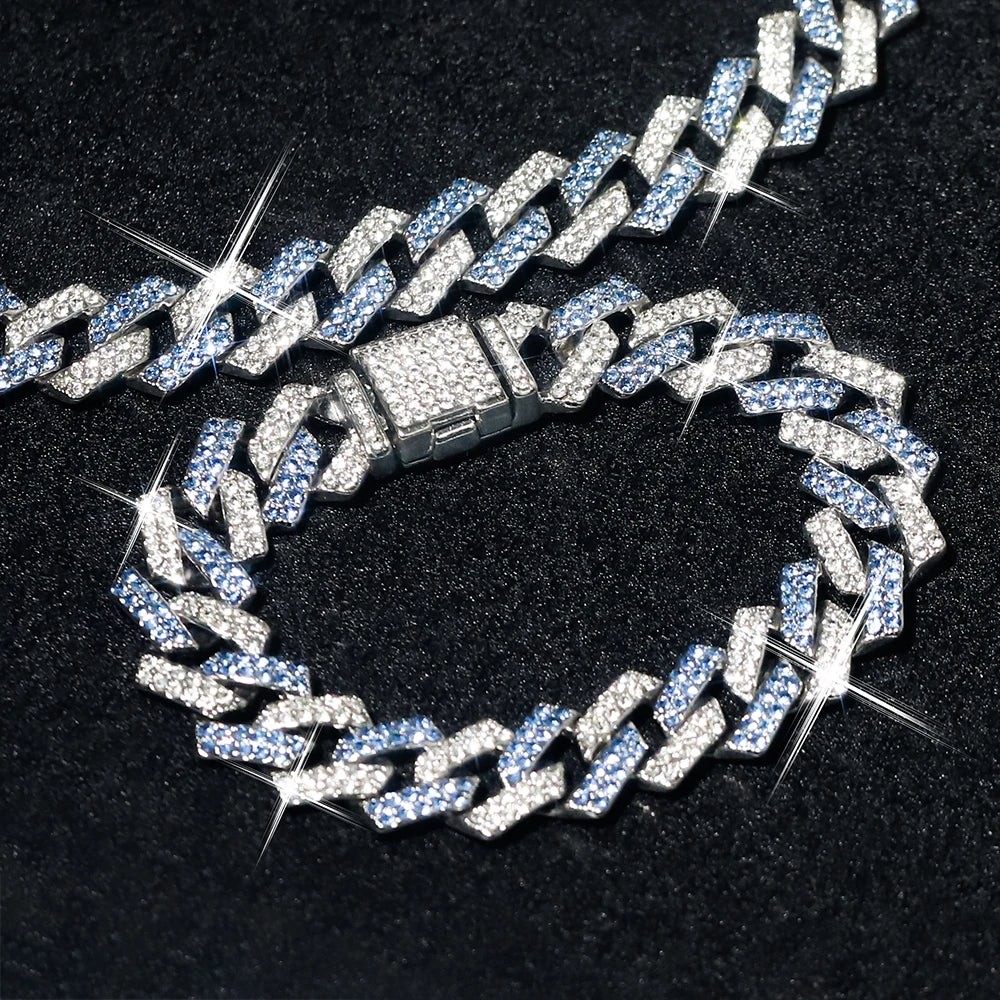 2PCS Hip Hop Cuban Blue White Chain Bracelet + Necklace Men/Women Gifts Every Day Wear Exquisite Punk Style Jewelry