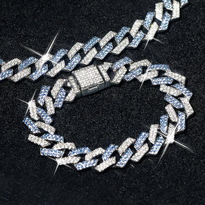 2PCS Hip Hop Cuban Blue White Chain Bracelet + Necklace Men/Women Gifts Every Day Wear Exquisite Punk Style Jewelry