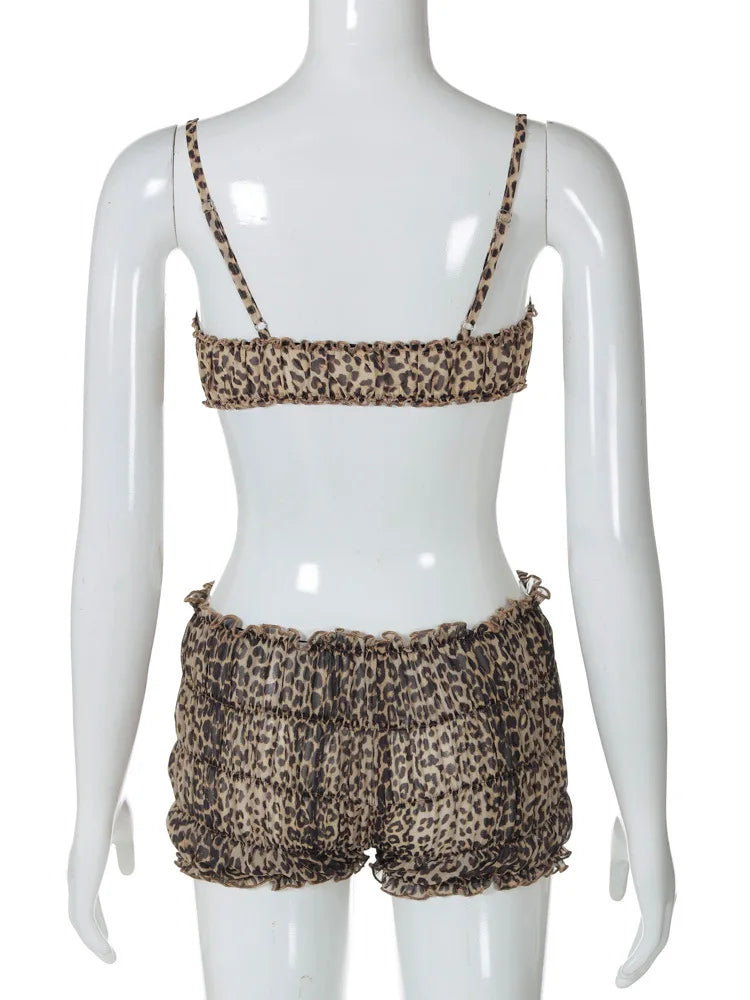 Amanda Leopard Ruffle Bra Crop Tops + Low Waist Short Sets