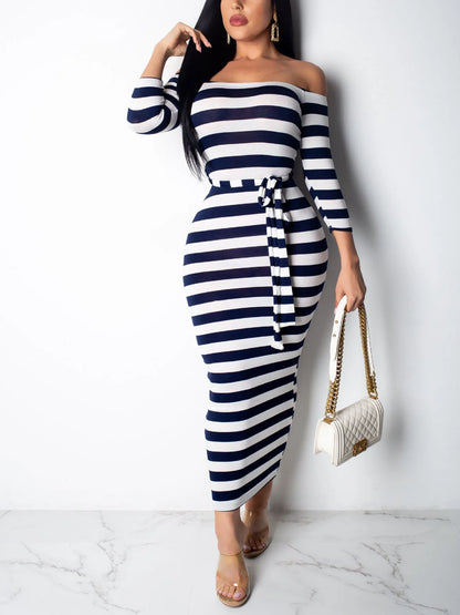 Stripe Slash Neck Three Quarter Pencil Dresses