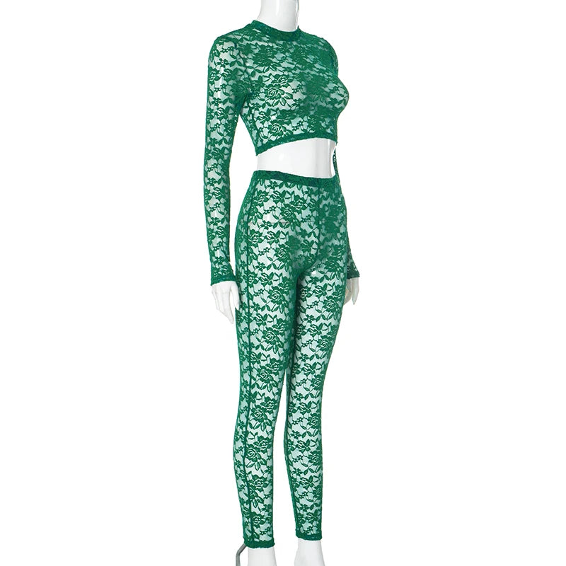 See Through O-Neck Crop Tops+Leggings Skinny Stretch Matching Midnight Party Clubwear