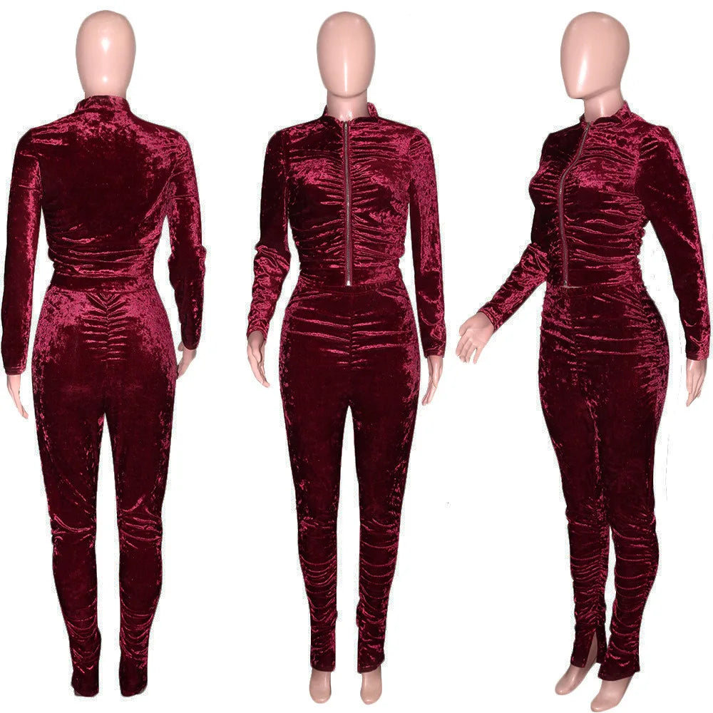 New Winter Fashion Zipper Tops + Slim Pencil Pant Sets