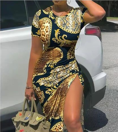 Trendy Printed Slim Bodycon Short Sleeves Drawstring Slit Midi Dresses