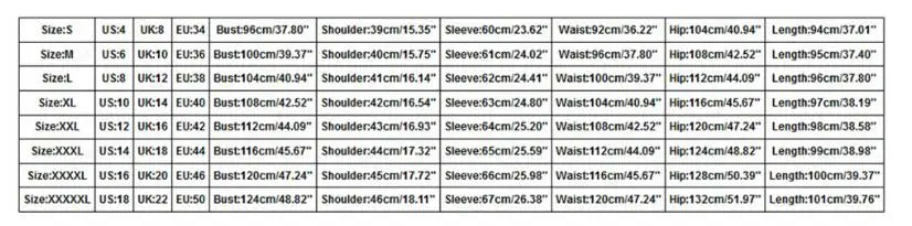 Size Chart for Dresses 