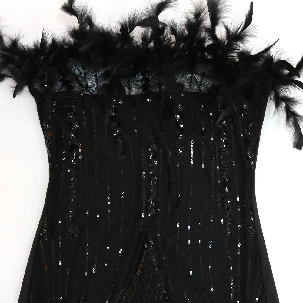 Lila Black Sequin Elegant Glitter Feather Short Sheer Mesh Strapless Bodycon Mini Dress