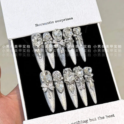 10Pcs Luxury Court Handmade Long Stiletto Full Cover Nails 3D Spice Girl Sparkling Diamond Bow Pearl Flowers Wearable Fake Nails