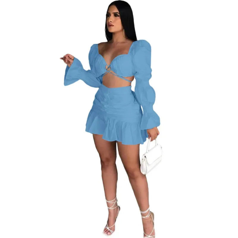 Angel V Neck Crop Top Ruffle Skirt +Top Set