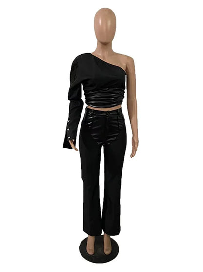 Single Long Sleeve Bodycon PU Patchwork Top + Pant Sets