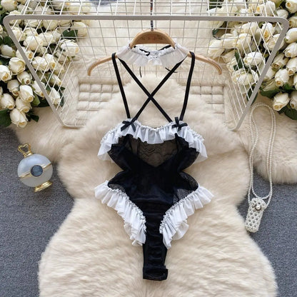 Satin Comfortable Strap Lace Spliced Sheer Lingerie