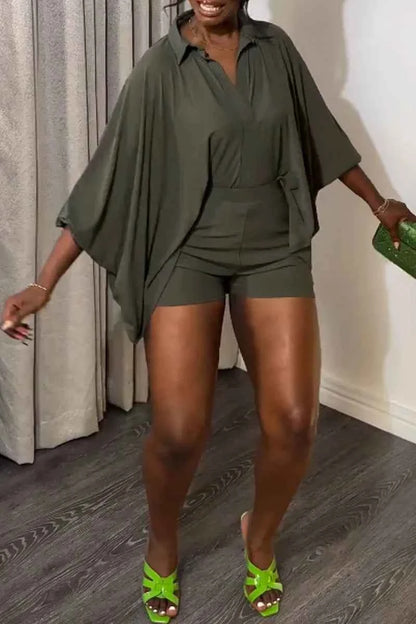 Solid Batwing Sleeve Loose Shirt Top + Shorts Casual Matching Sets