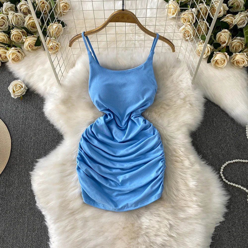 Spaghetti Strap Pleated Temperament Mini Dresses