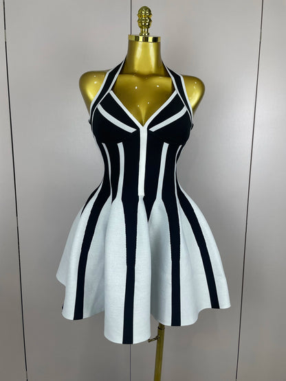 Celebrity Elegant Evening  Backless Black White Stripes Halter Bandage A Line Mini Dresses
