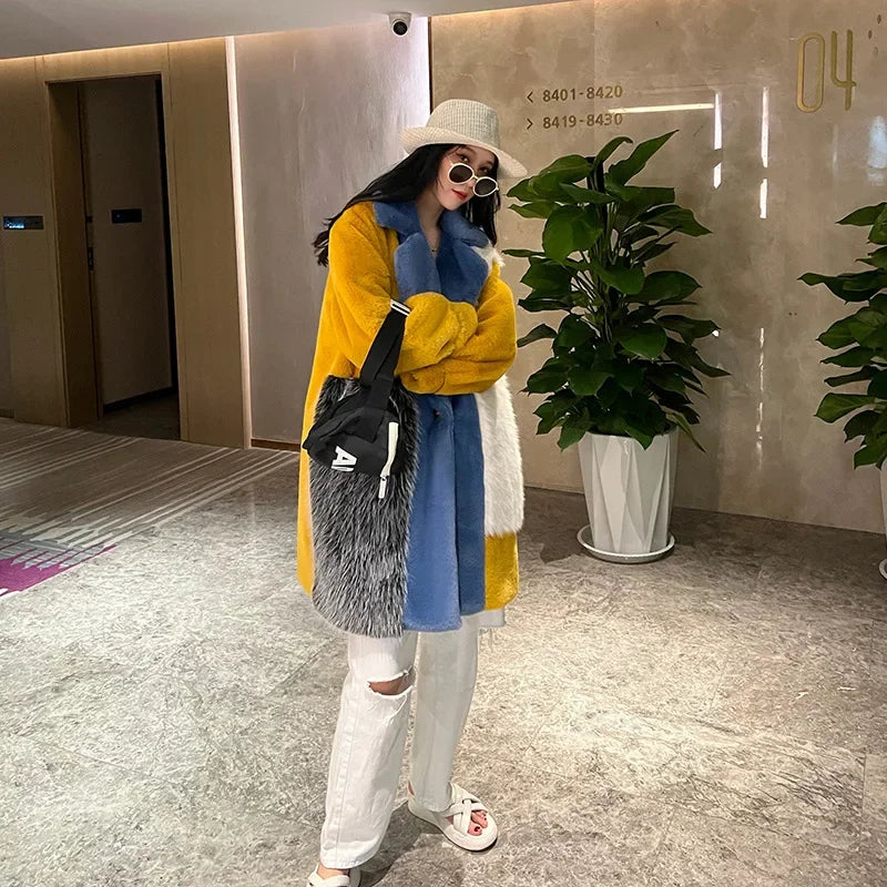 Winter Faux Fur Jackets for Women Furry Warm Splicing Contrast Color Blue Faux Fur Coat Long Jacket Cardigan Women