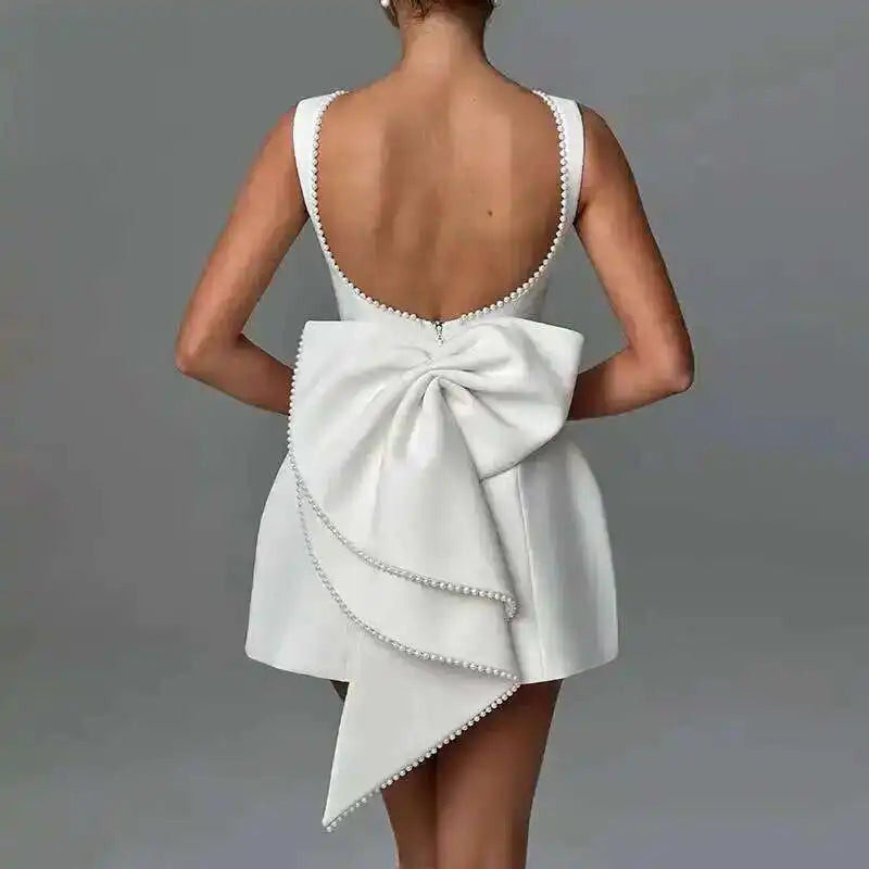 Bow Pearl Backless Elegant Waist Wrap A-line Dresses