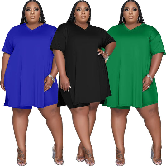 V-Neck Solid Color Two Piece Short Set (Tracksuits)