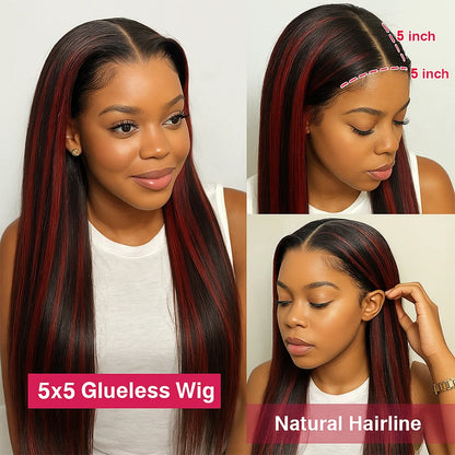 200% Upgraded 1B/99J Black With Red Bone Straight 5x5 Highlight Wig Human Hair Brazilian Burgundy Colored Glueless Wig