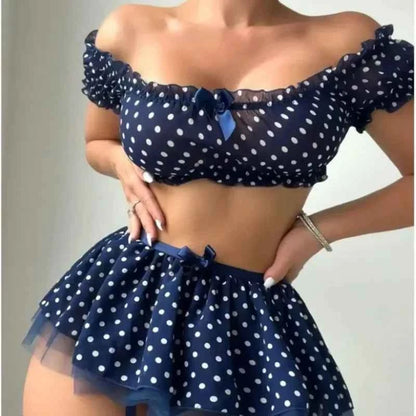 Erotic Short Skirt with Garter Straps Polka Dot + Off Shoulder Puffy Polka Bra Set