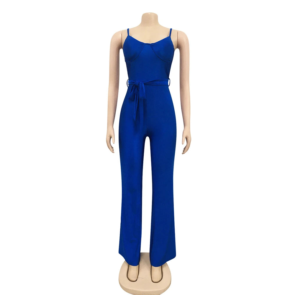 Rachel High Waisted Wide Leg Pants One Piece Sleeveless Jumpsuit with Belt