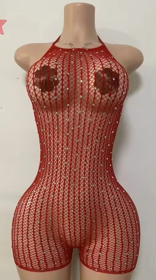 Hollow-out Rhinestone Patchwork Bodycon Halter Sleeveless Backless Lingerie