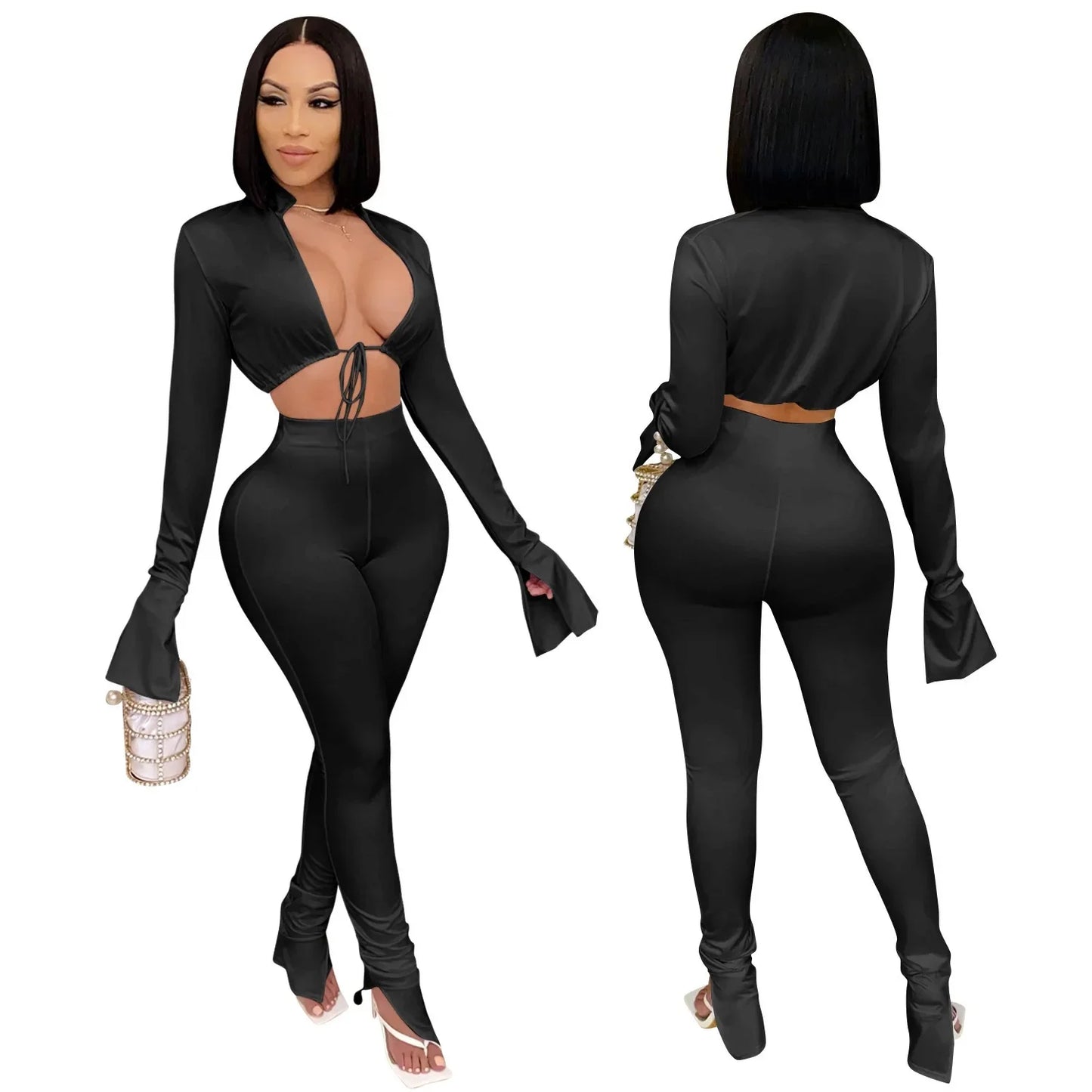 Casual Polyester Crop Top + Pant Sets