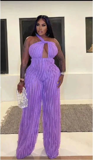 Ruffles Deep V-neck Halter Backless Wide Leg Jumpsuits