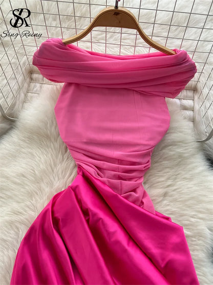 Chic Satin Slash Neck Mesh Splice Pleated Slim Dresses