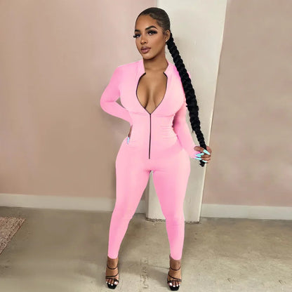 Deep V Bodycon Rompers Womens Jumpsuit Sport Suit Fashion Zip Up Long Pants Overalls Fitness Set