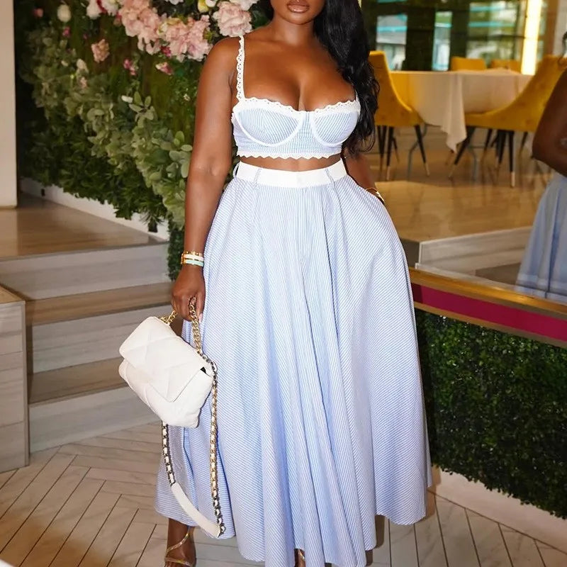 Lace Trim Crop Top + High Waist Flare Skirt Set