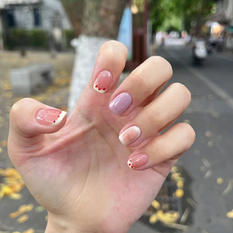 24Pcs Nude Color Fake Nails Short Square Head Press on Nails White Heart Printed Valentine's Day Full Cover False Nails Tips