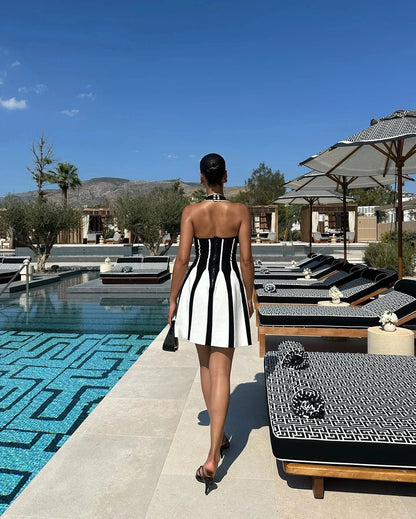 Celebrity Elegant Evening  Backless Black White Stripes Halter Bandage A Line Mini Dresses