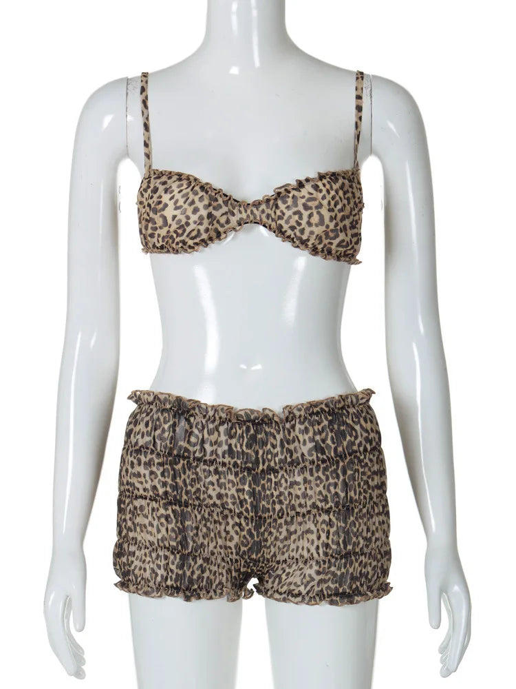 Amanda Leopard Ruffle Bra Crop Tops + Low Waist Short Sets