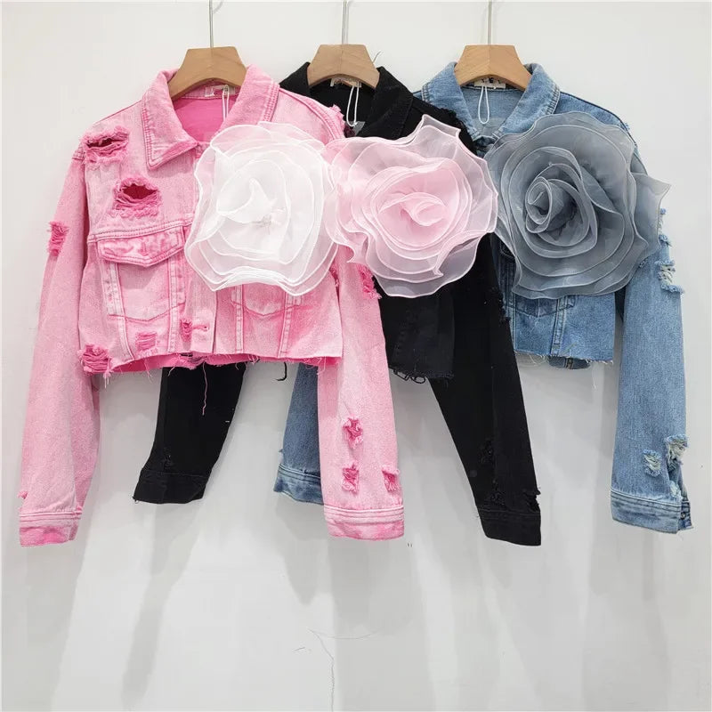 Ashana 3D Flower Washed Long Sleeve Single Breasted Denim Jacket