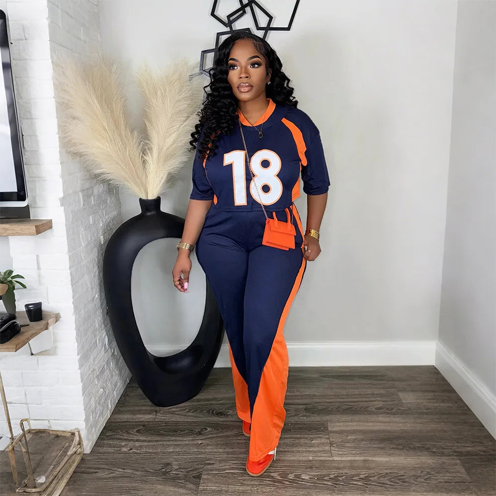 Jersey Tracksuit Short Sleeve Top + Pants Chic 2 Piece Sets